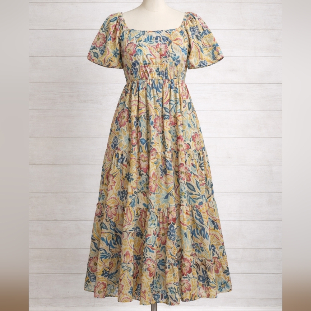 PATRONS OF PEACE ROMANTIC TIERED FLORAL MIDI DRESS COTTAGECORE